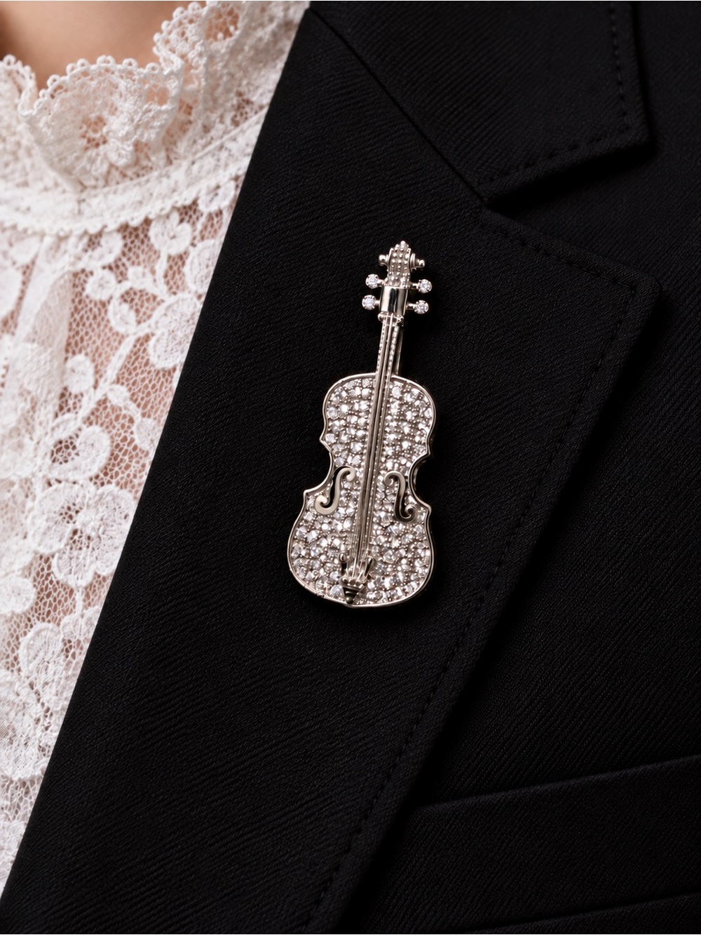 Silver and Crystal Violin Brooch